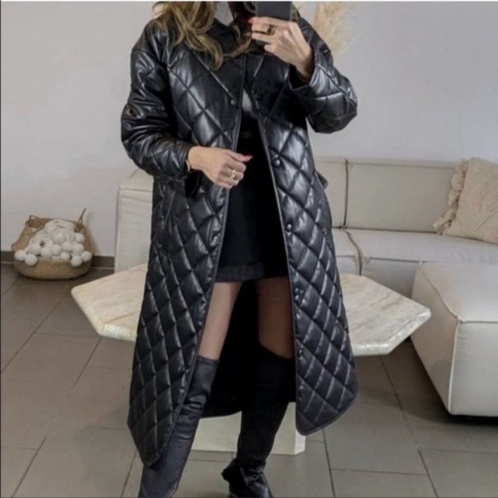 ZARA Longline Quilted Faux Leather Jacket NWOT